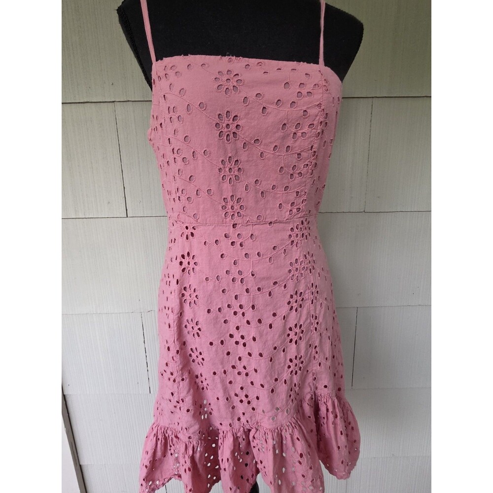 Sunday Mi Amor Eyelet Mini Dress Pink Medium M Cottagecore Bohemian Ruffle Hem
